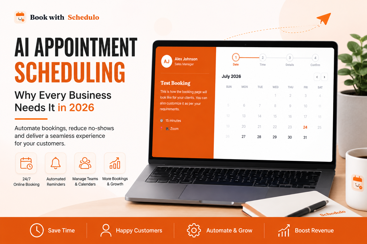 AI appointment scheduling software dashboard by Book with Schedulo showing an online booking calendar and automated appointment management interface.
