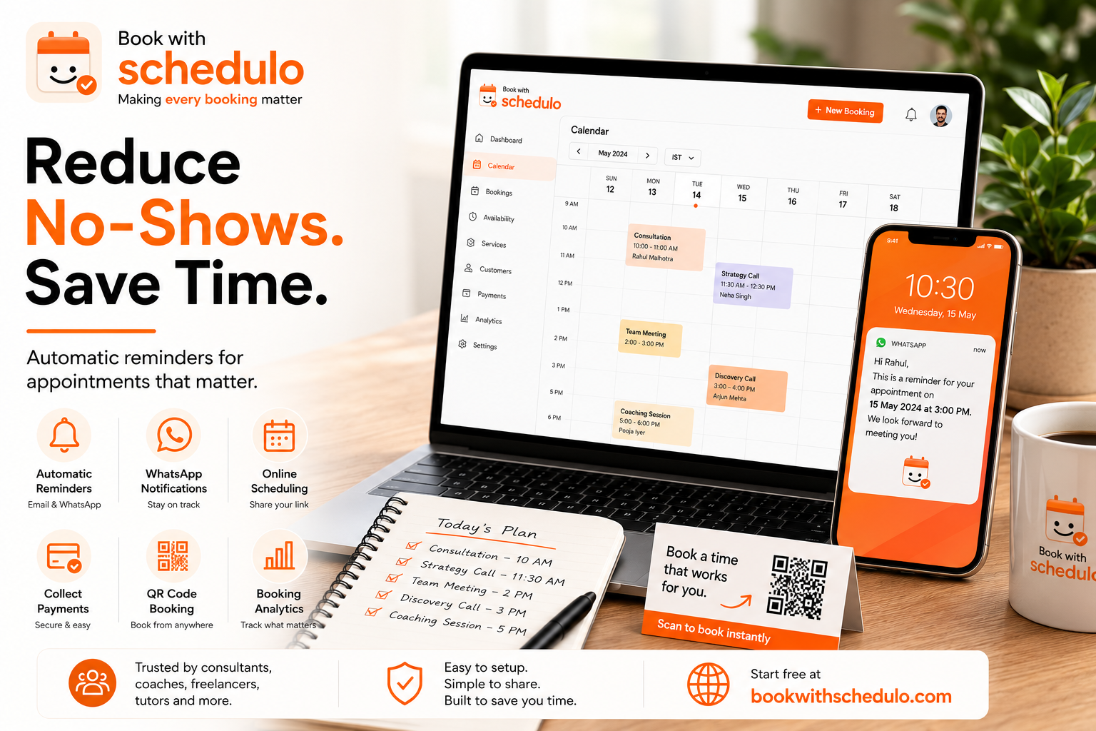Book With Schedulo appointment scheduling with automatic WhatsApp reminders to reduce no-shows