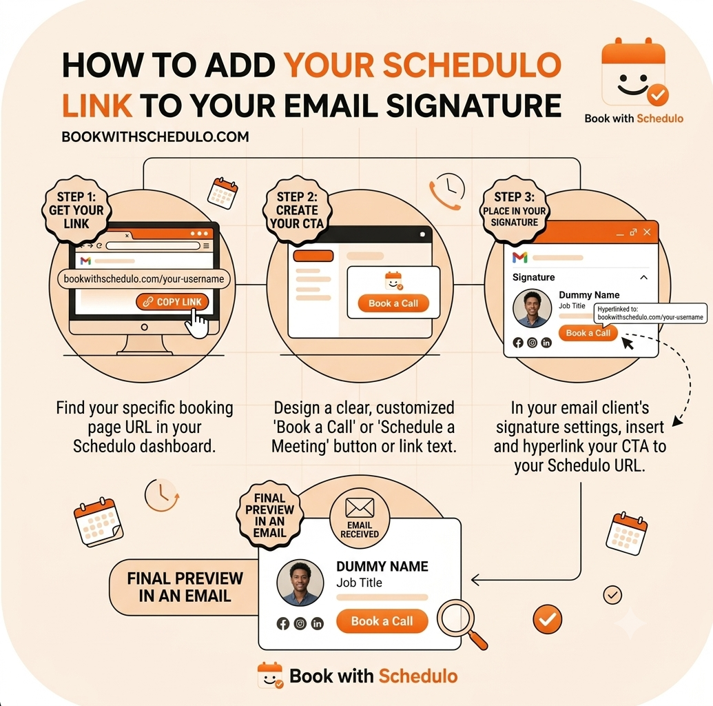 Book with Schedulo booking link in an email signature for scheduling appointments