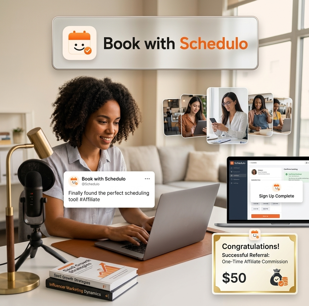 Creator recommending Book with Schedulo through the affiliate program, with referred customers booking appointments online and generating affiliate commission