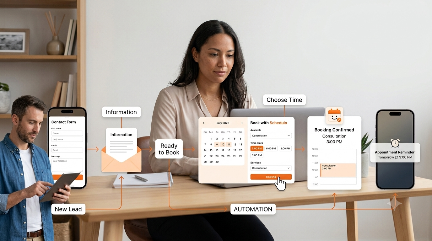Lead to booked appointment automation showing a small business turning customer enquiries into confirmed appointments with online booking, reminders and payments