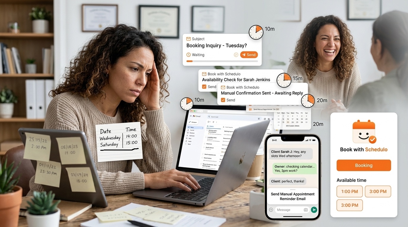 Small business owner overwhelmed by manual appointment scheduling, with customer messages, calendar checks, confirmations and reminders taking up valuable time