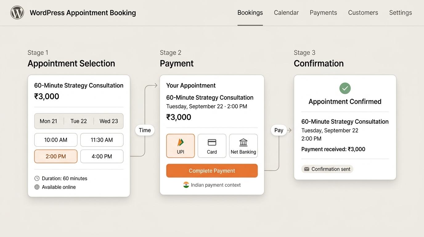 WordPress appointment booking dashboard showing an appointment, payment options, and confirmed booking