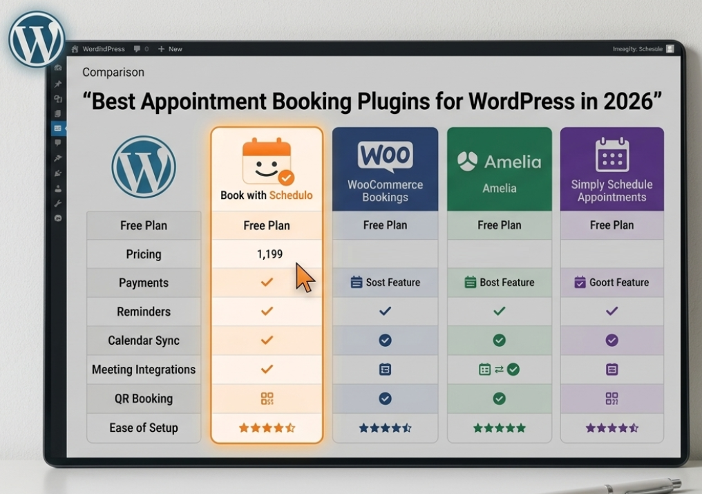Comparison of appointment booking plugins for WordPress, showing multiple scheduling solutions with calendars, payments, reminders and QR booking features