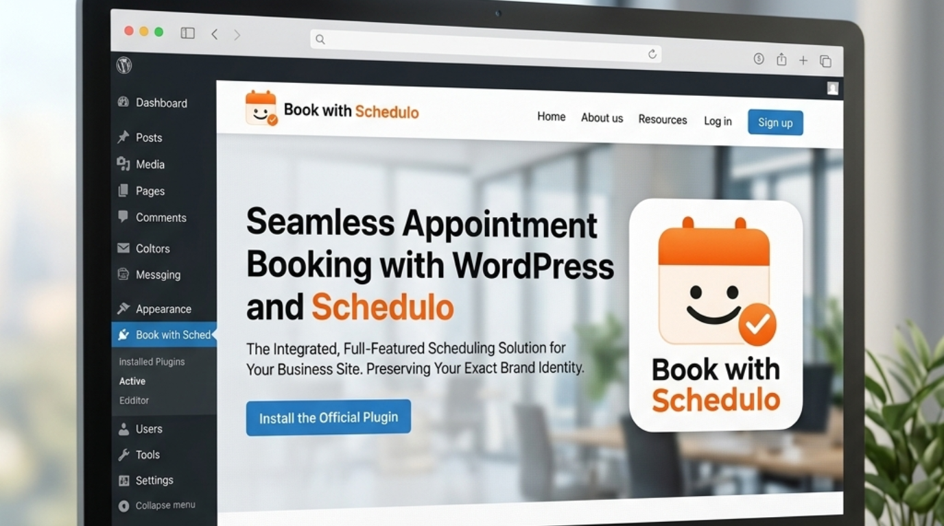 Business owner using WordPress to add an appointment booking button, with a booking page and available appointment times visible on the laptop screen