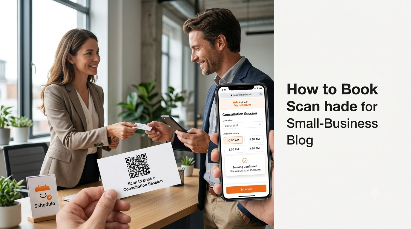Customer scanning an appointment QR code on a business card and opening an online booking page to choose an available appointment time