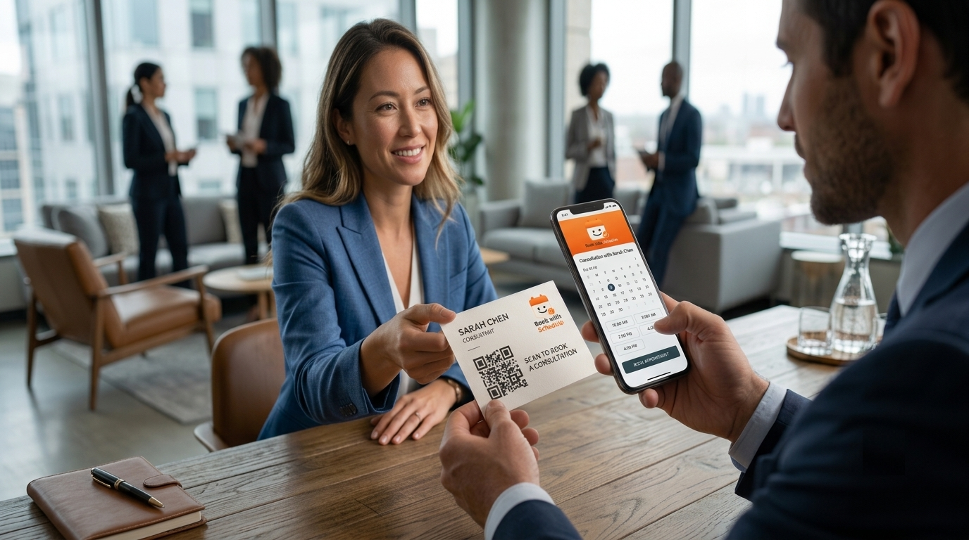 Professional scanning an appointment QR code on a business card to open a mobile booking page and choose an appointment time
