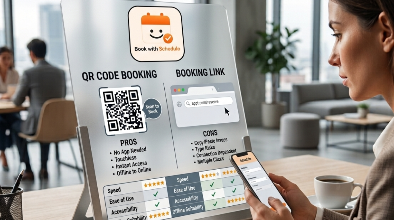 Comparison of QR codes and booking links for getting appointments through business cards, websites, email, WhatsApp, brochures and other channels