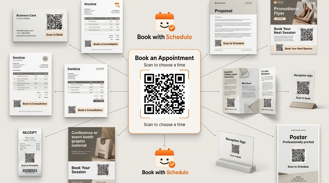 Appointment QR code shown on business cards, invoices, proposals, brochures, posters, reception signs and other business materials