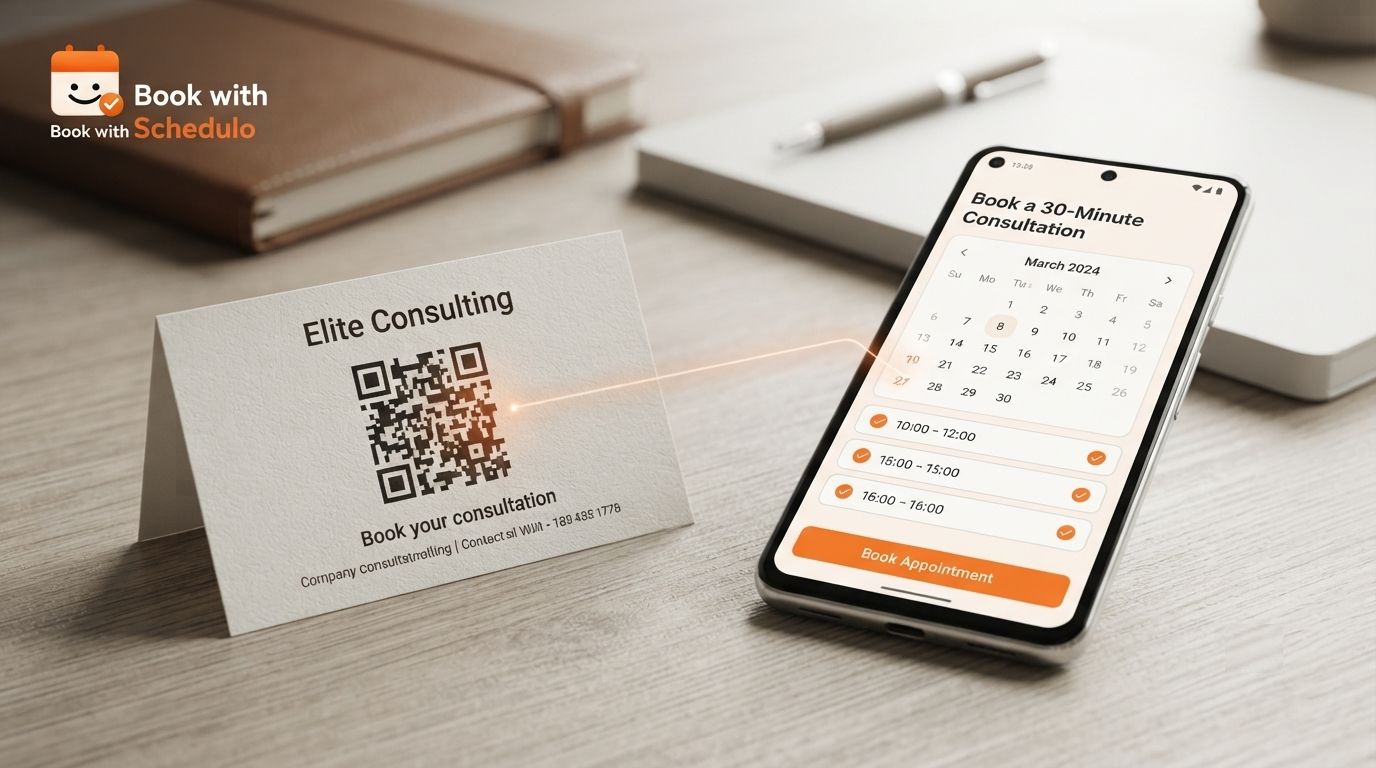 Customer scanning an appointment QR code on a business card and opening an online booking page to choose an available appointment time
