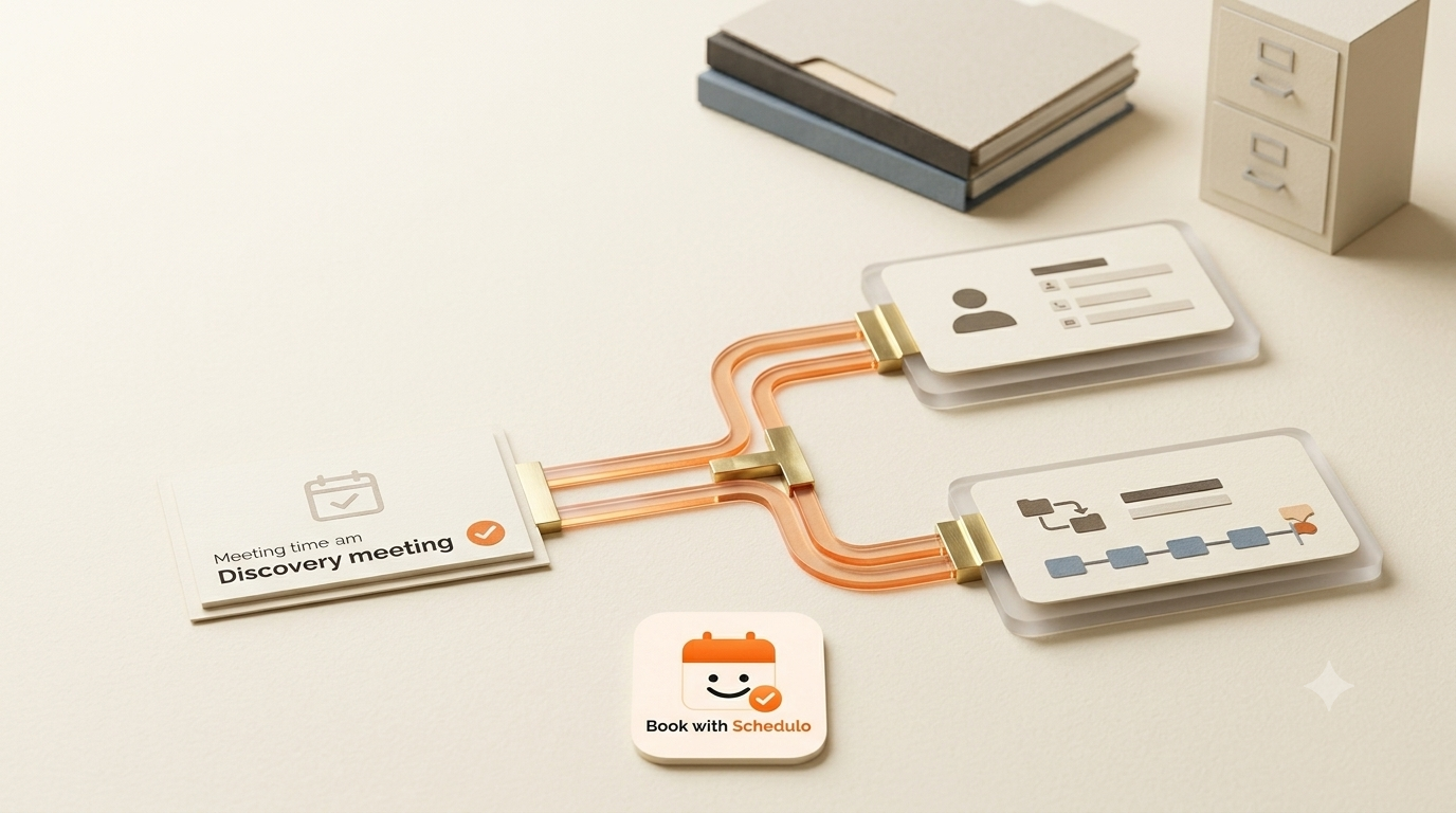Booked meeting automatically syncing to HubSpot, connecting an appointment booking card with a CRM contact record and sales deal.