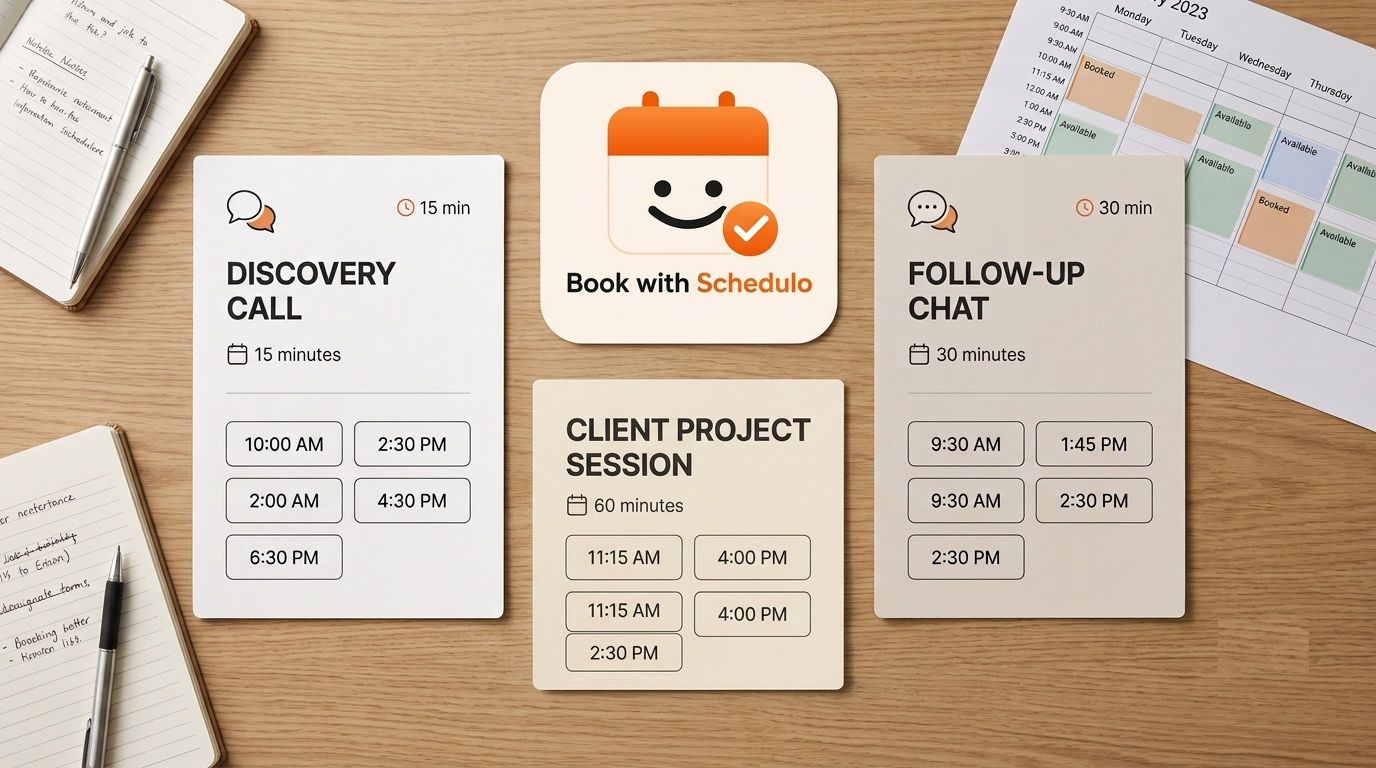 Three separate appointment booking options for discovery calls, client meetings, and follow-ups on a consultant’s workspace.