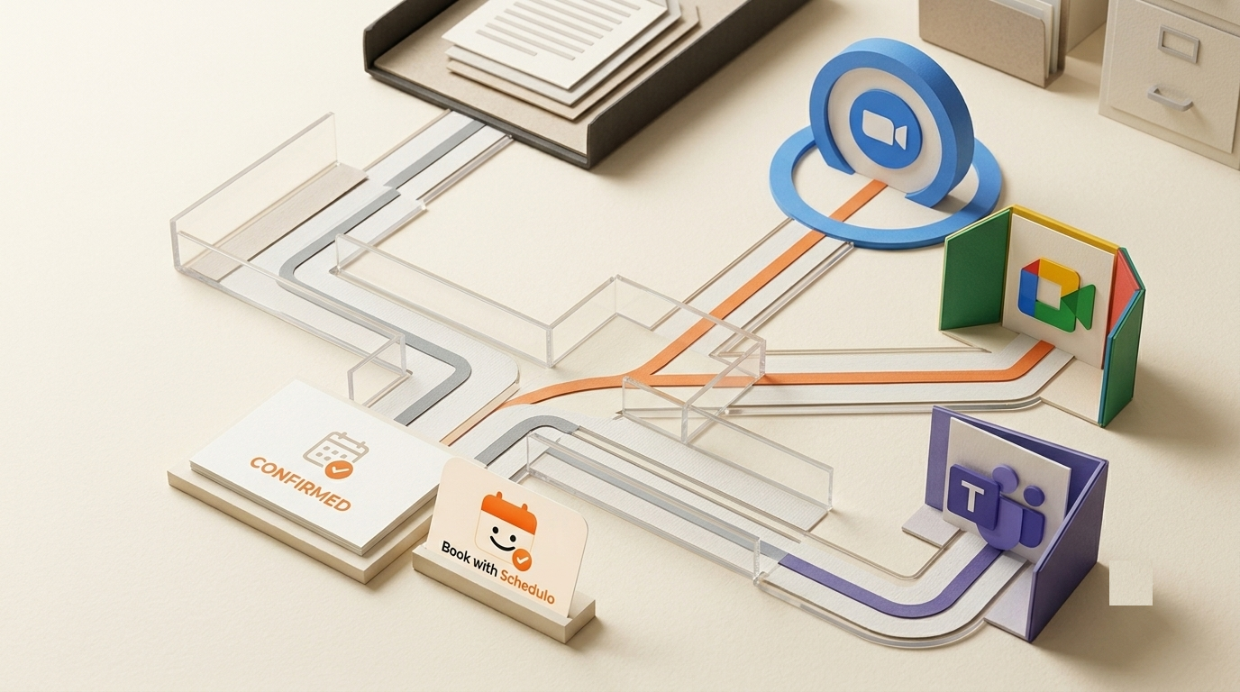 Appointment booking workflow connecting Book with Schedulo to Zoom, Google Meet, and Microsoft Teams for online meetings.